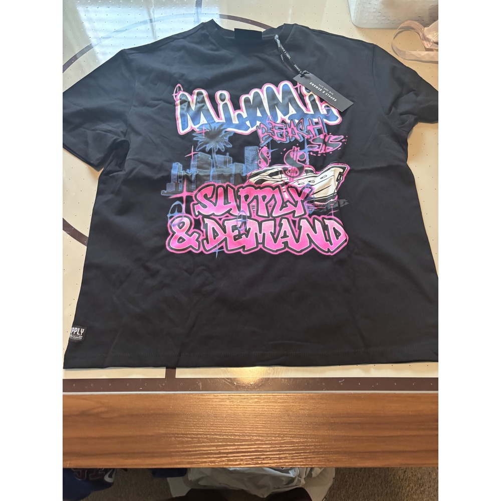 Supply & Demand Miami Beach Graphic T-Shirt Mens Large Black Pink Blue New Tag
